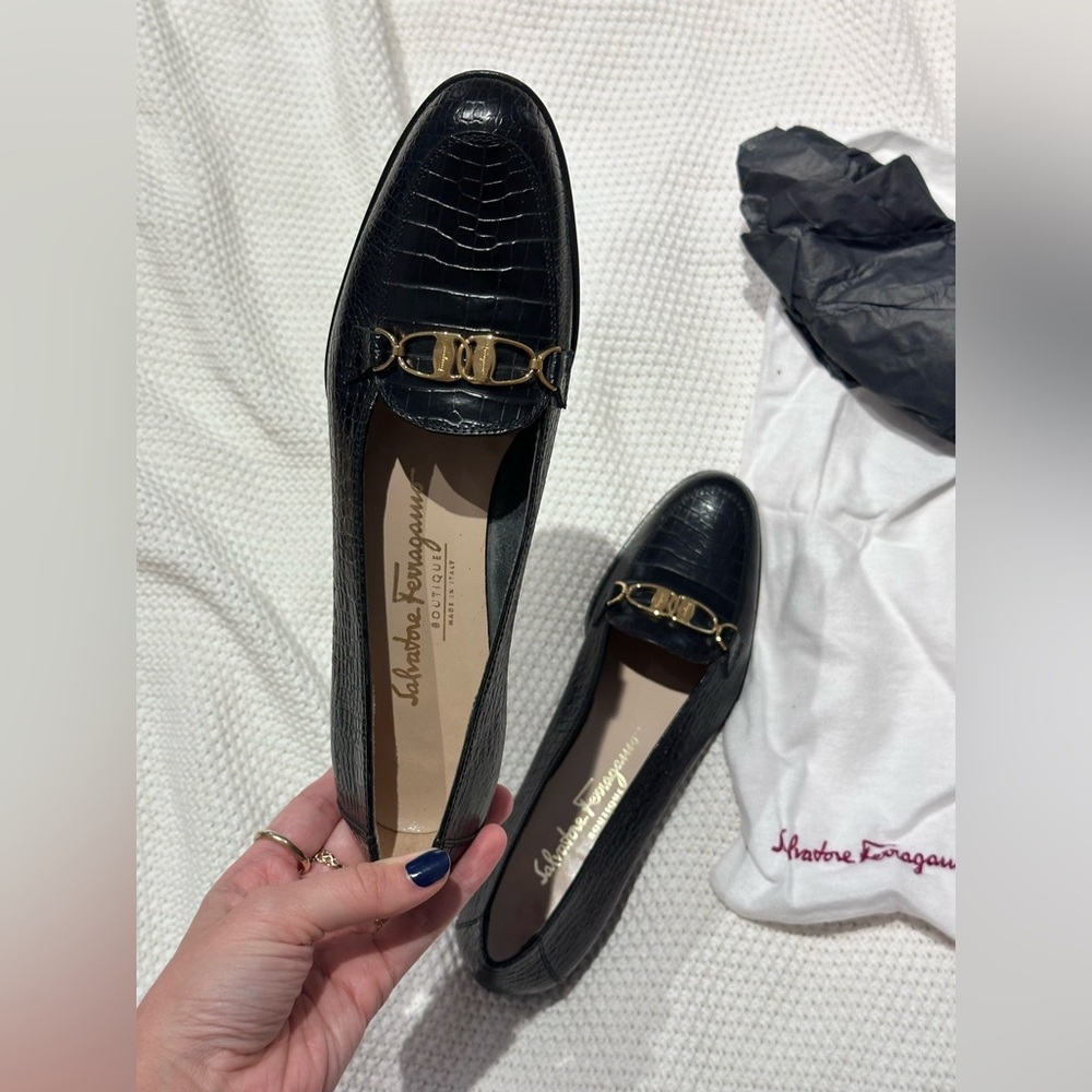 Black patent leather patterned Ferragamo loafers. Women’s 7 1/2.